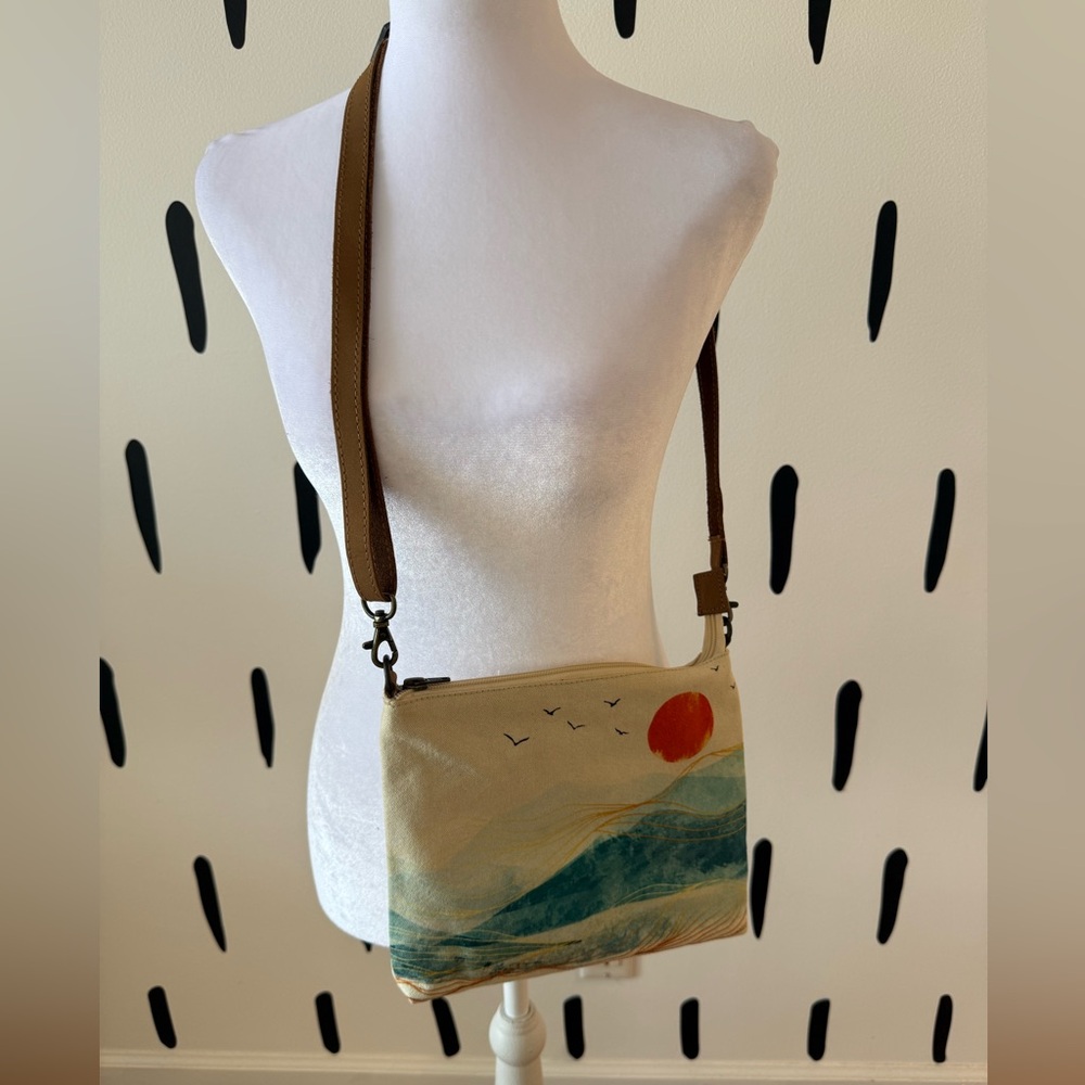 Cream Canvas Crossbody Bag with Teal Wave Print and Brown Strap